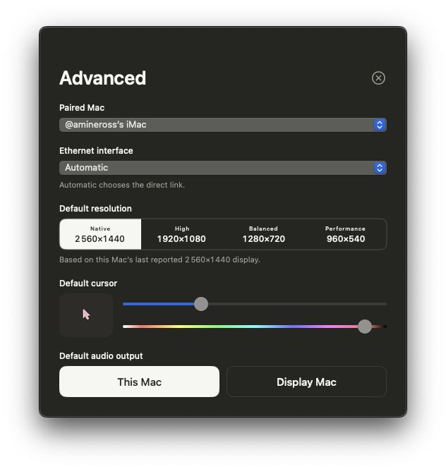 Settings for a paired Mac