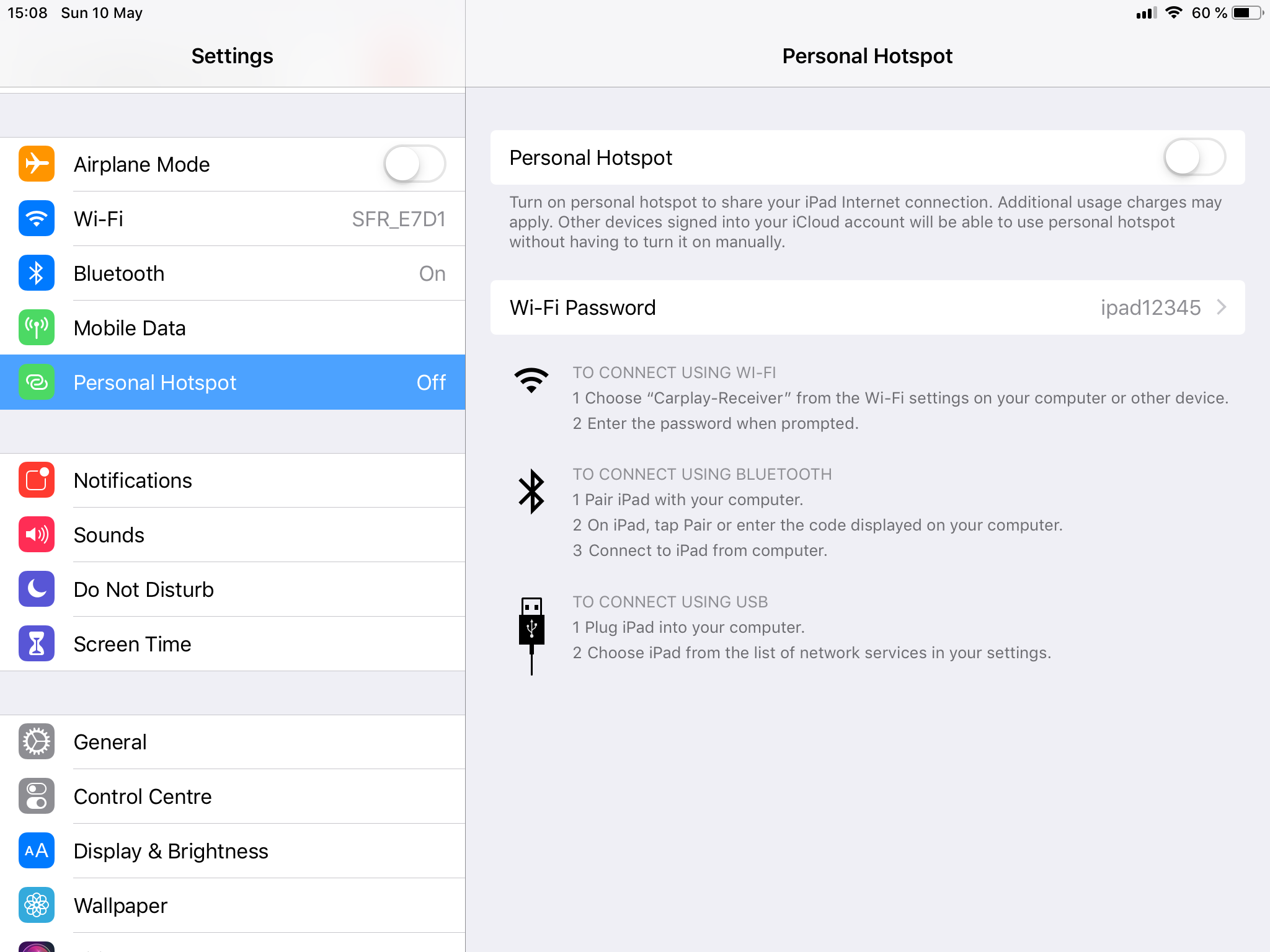 Where to find the Personal Hotspot password in iOS Settings